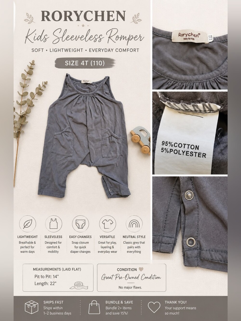 Rorychen | Kids Sleeveless Romper/Jumpsuit | Size 4T (110) | Grey